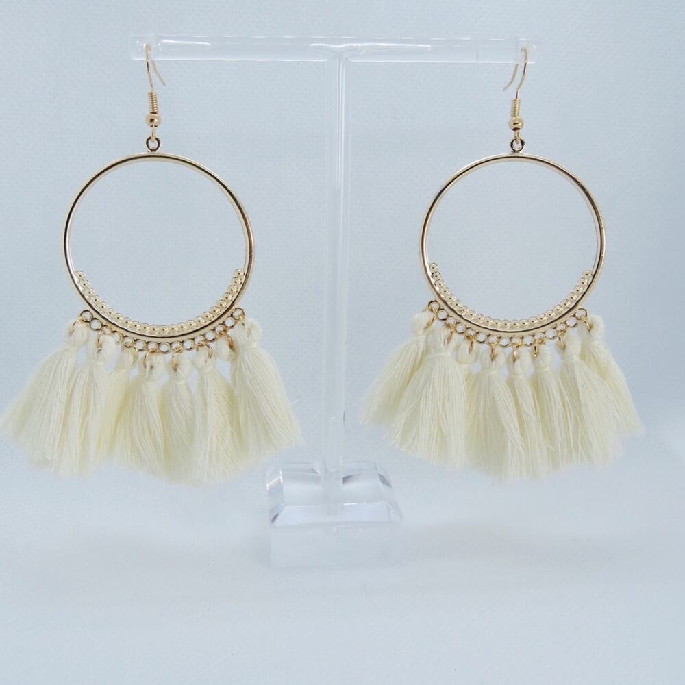 Francesca's Boho Cream Gold Hoop Tassel Earrings - Picture 2 of 5